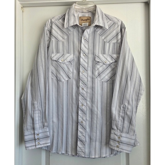 Wrangler Western Fashion White Silver Metallic Stripe Pearl Snap Shirt Mens Sz L - Picture 2 of 5